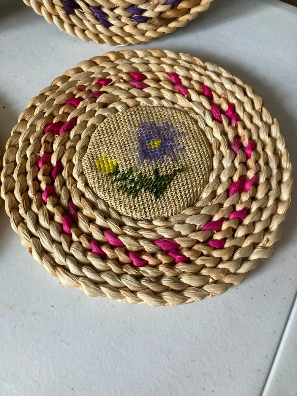 Rattan Handmade Woven Floral Trivets Coasters Floral Needlepoint - Set of 4